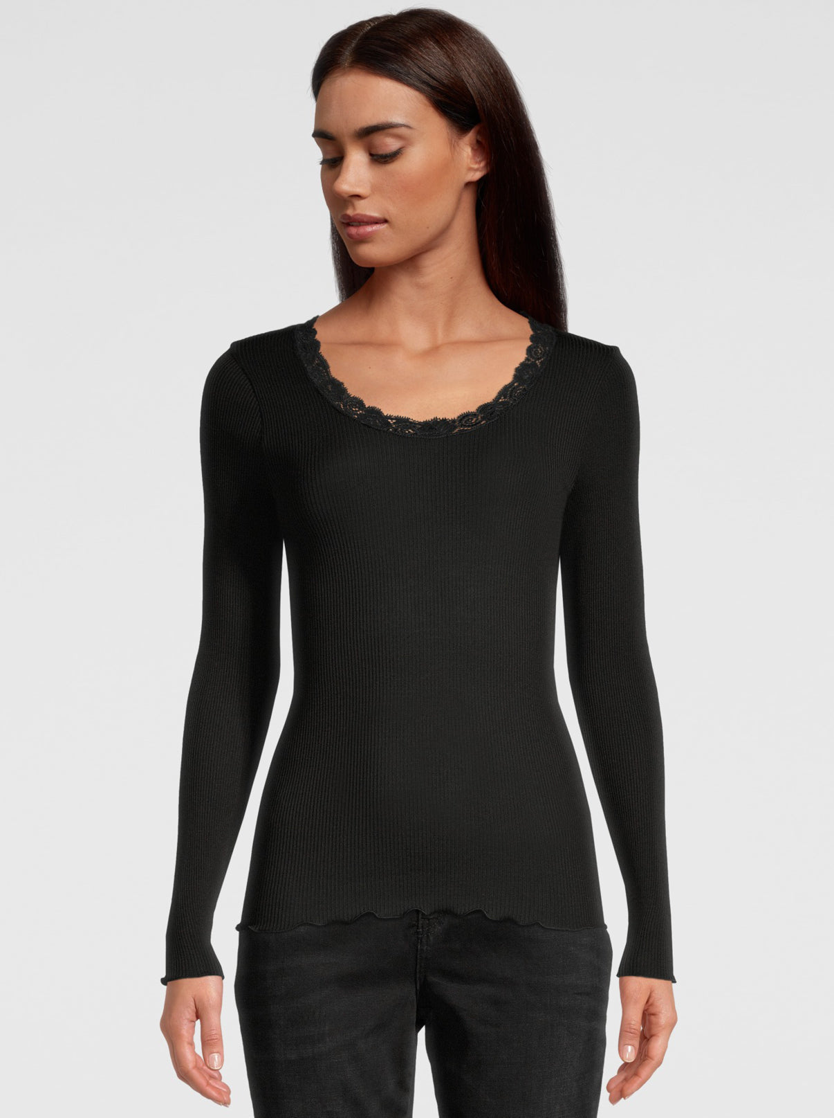 Oscalito Silk and Wool Long Sleeve Top with Leavers Lace