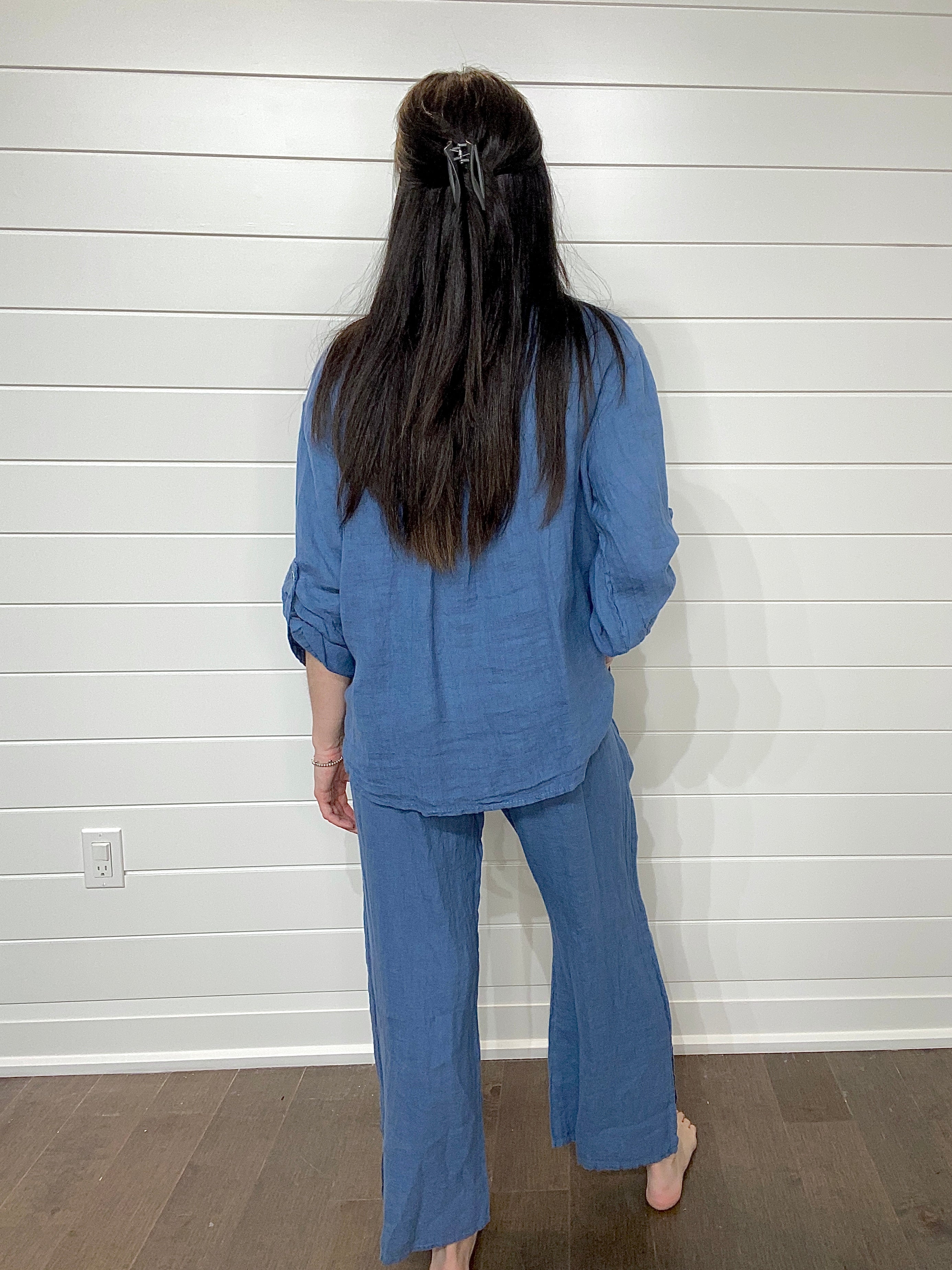 Pistache Linen Blouse and Split Pant Set