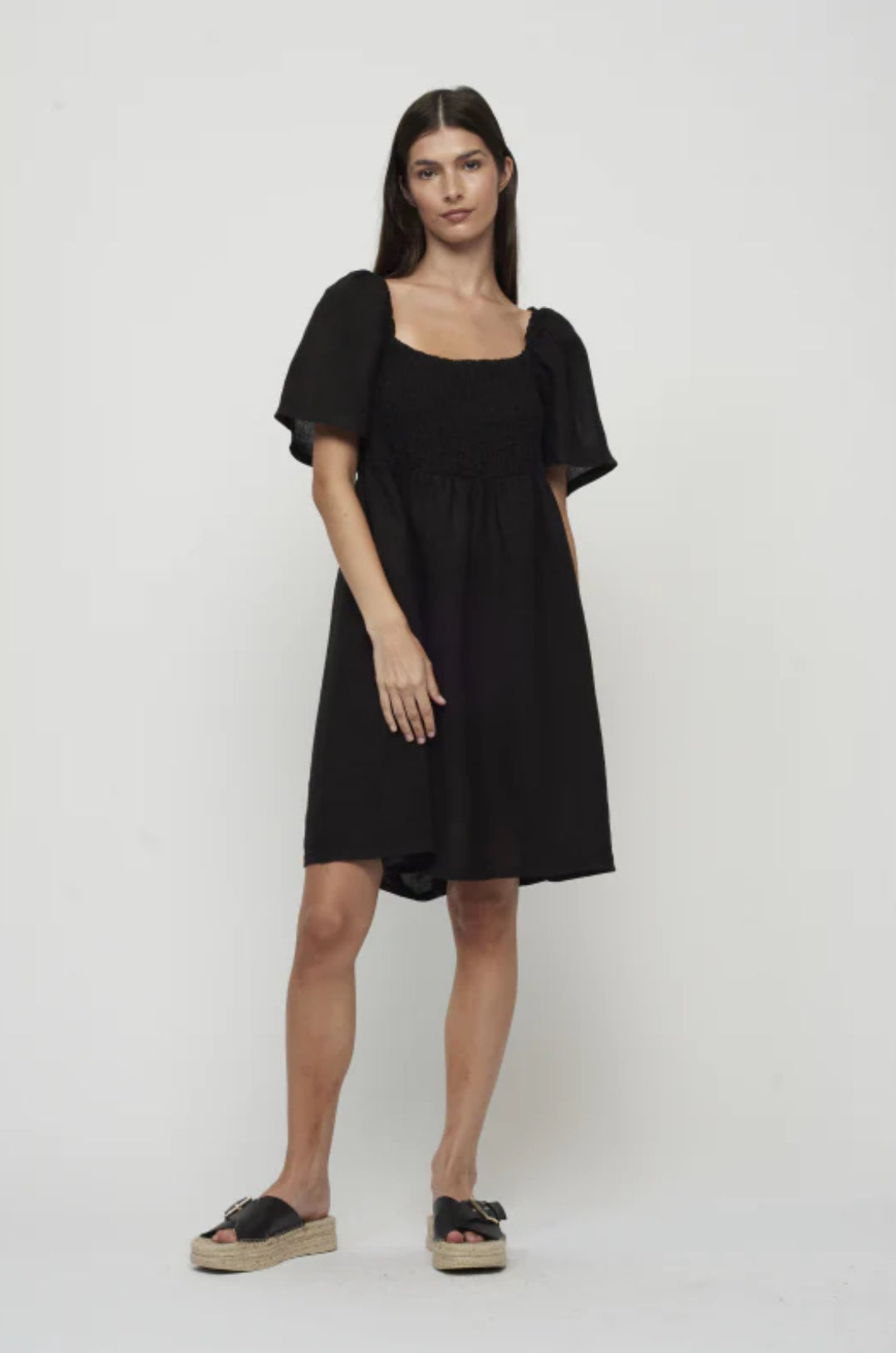 Pistache Linen Bunched Sun Dress with Sleeves