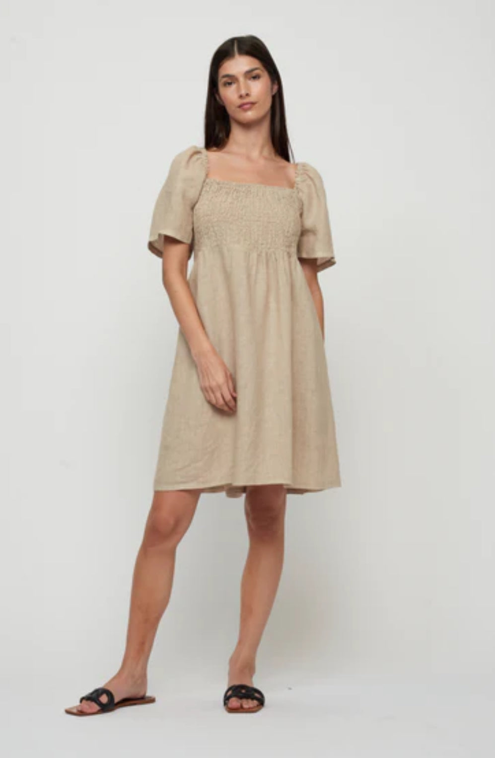 Pistache Linen Bunched Sun Dress with Sleeves