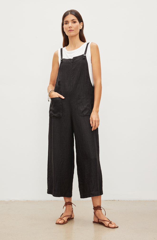 Velvet Black Woven Linen Isabel Overalls