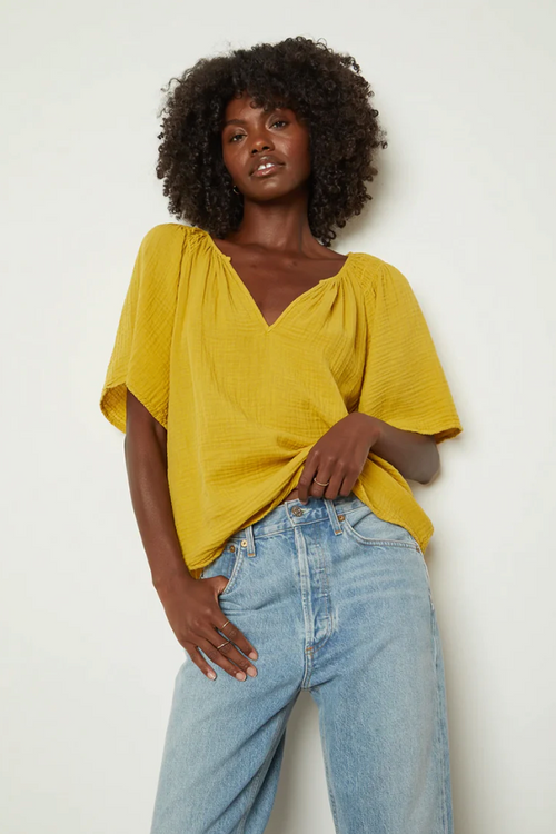 Velvet Cotton Gauze VNeck S/S Top SADIE06 - HEDGE