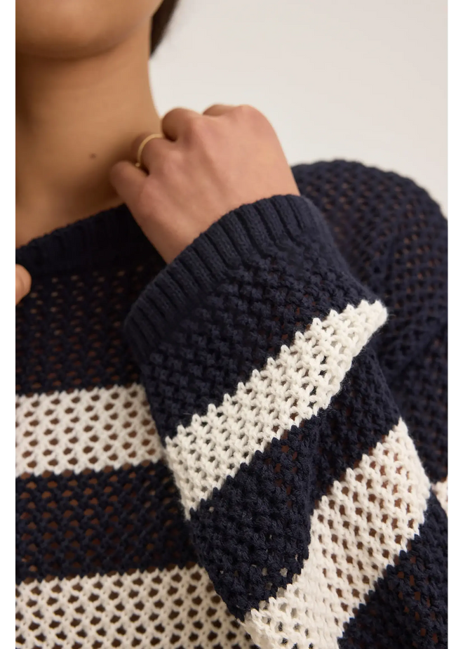 Velvet Cotton Cashmere Navy and White Crew Sweater
