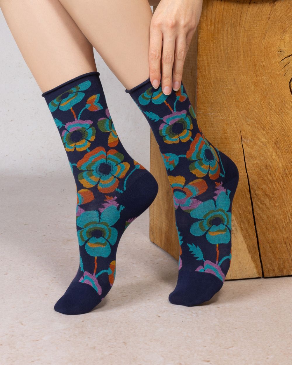 Bleu Foret Velvety Flowers Sock
