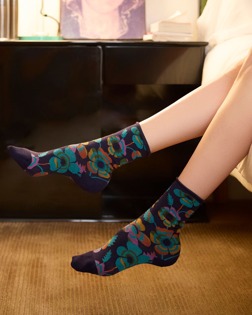 Bleu Foret Velvety Flowers Sock
