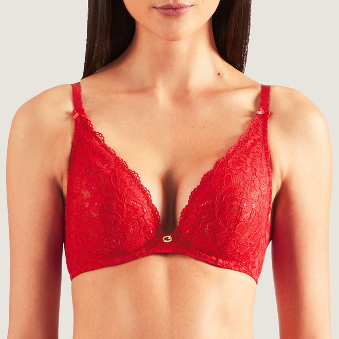 Red with Gold Lace underwire push-up Bra- Satin bow - Size 70A France